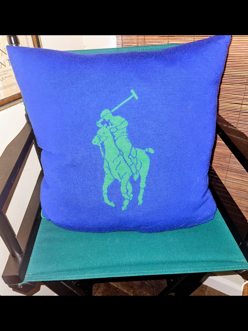 Ralph Lauren Custom Royal Blue Knit Pillow with Green Polo Player